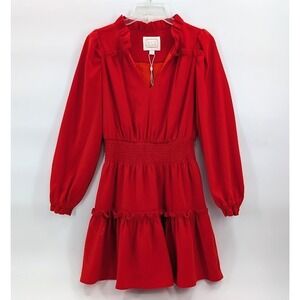 STS Sail to Sable Red Smocked Waist Dress Tiered Mini Ruffle V Neck XS Prom Hoco